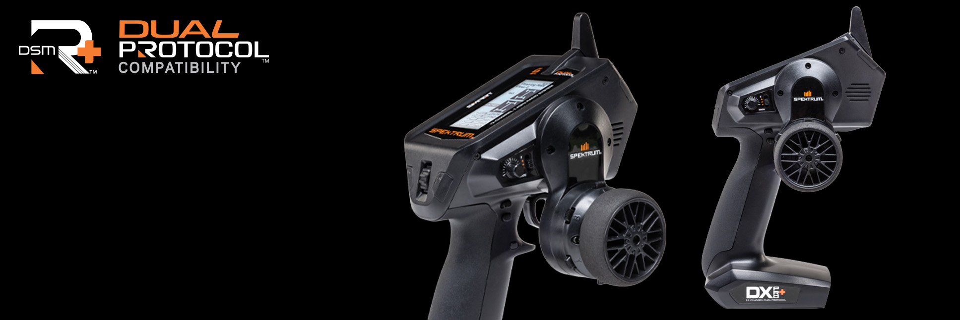 Glamour shot Spektrum DX Pro+ 12-Channel DSMR+ Transmitter on a black background with the DSMR+ and Dual Protocol Logo