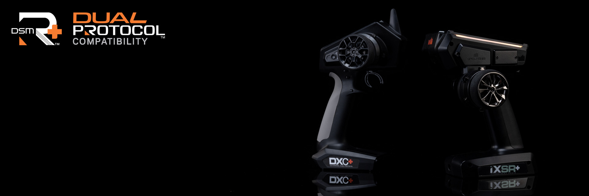 Glamour shot Spektrum DXC+ and iSXR+ 12-Channel DSMR+ Transmitters on a black background with the DSMR+ and Dual Protocol Logo